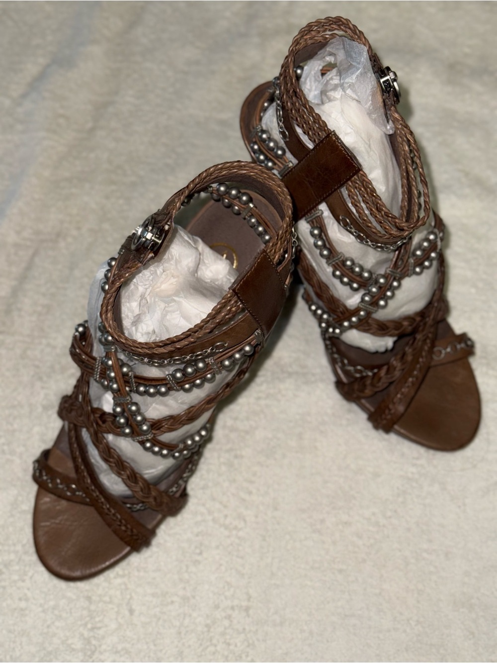 Belle by Sigerson Morrison Brown Braided Pearl-Accent Heeled Sandals